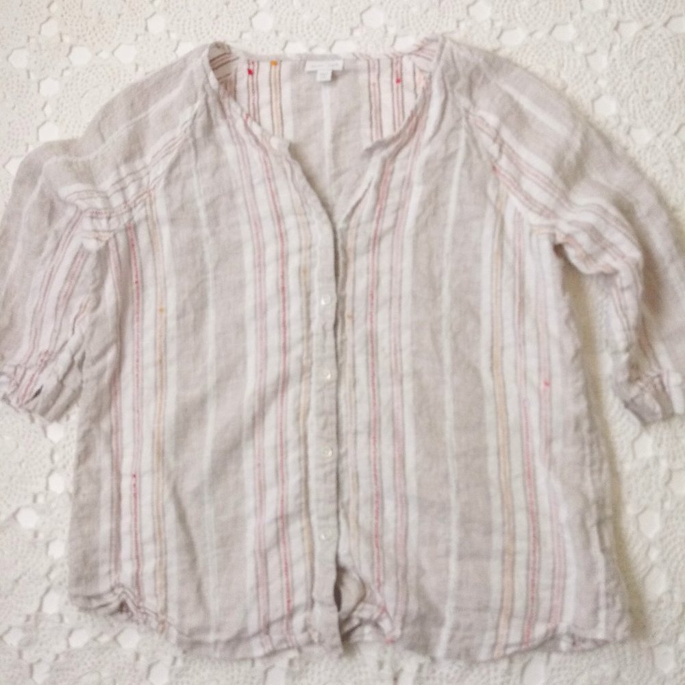 J. Jill Cream Button-Down Linen Stripe Shirt with Pink and Tan Accents